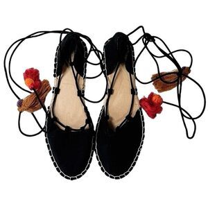 NWOT Bamboo Black Faux Suede Round Toe Lace Up Espadrille Flat Shoes Size 9